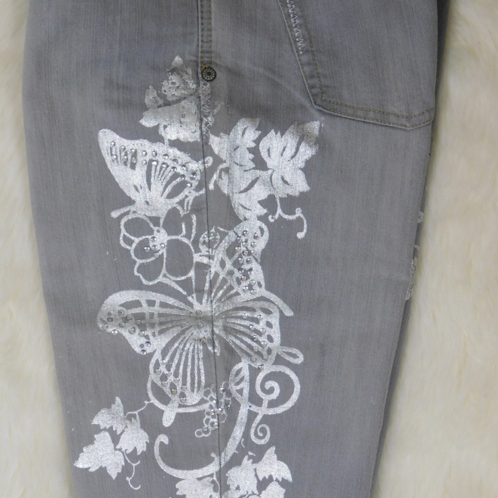 Jou Jou Women Y2K Skimmer Cropped Jeans Size 7/8 Foil Butterfly Rhinestone Gray - Picture 4 of 8